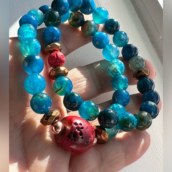 RED CORAL + DRAGON VEINS AGATE NATURAL STONES BRACELET size 7”,8” - Picture 6 of 13